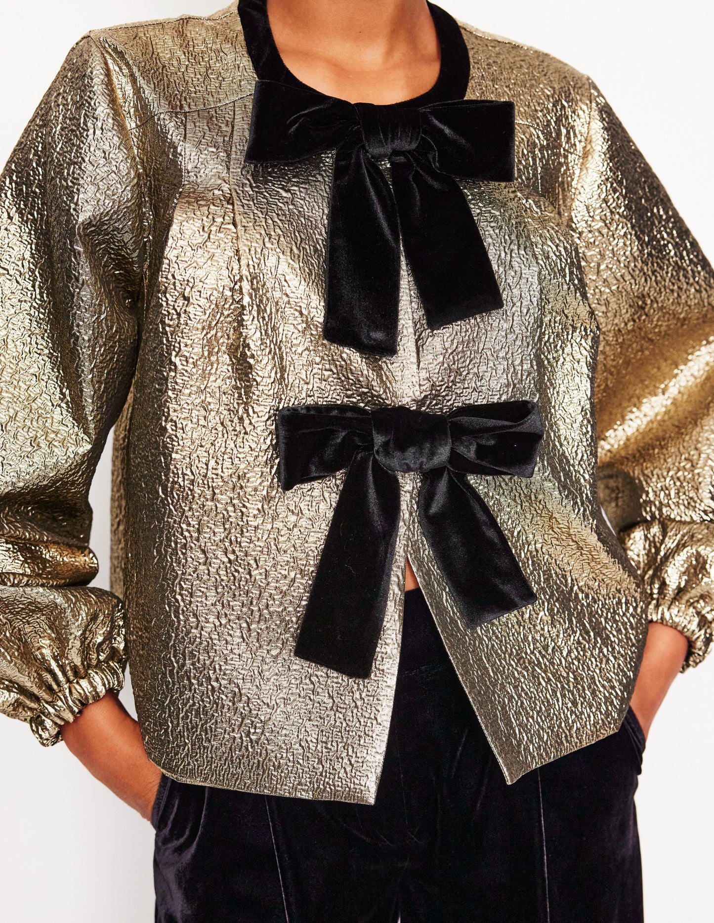 Jacquard Bow Detail Jacket-Gold