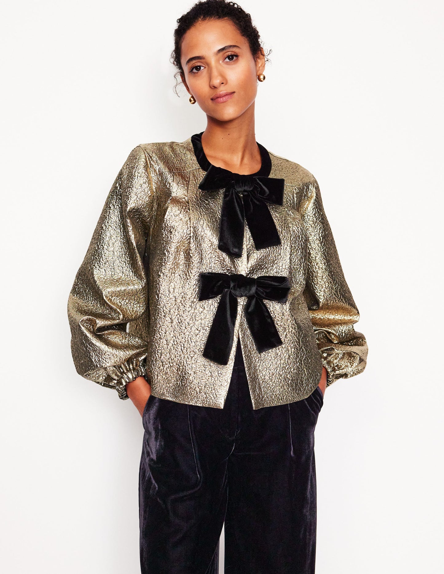 Jacquard Bow Detail Jacket-Gold