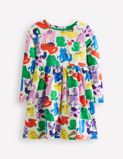 Long-Sleeved Fun Jersey Dress-Multi Oatmeal Rainbow Pets