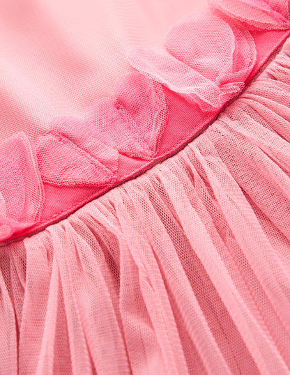 Ruffle Hem Tulle Dress-Vintage Pink