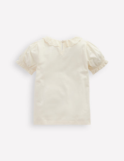 Short Sleeved Collared Top-Ivory Broderie