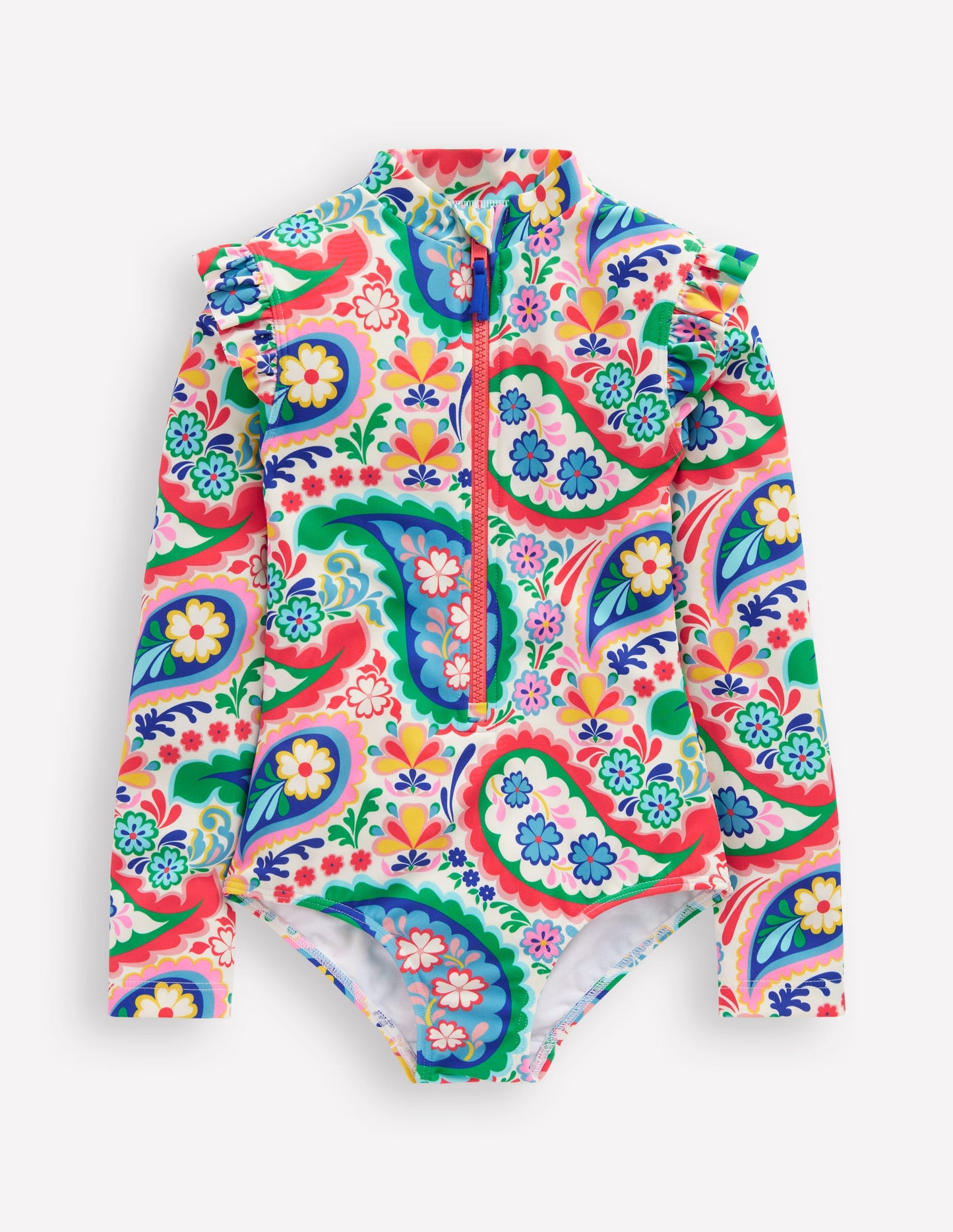 Frill Long Sleeved Swimsuit-Ivory Paisley