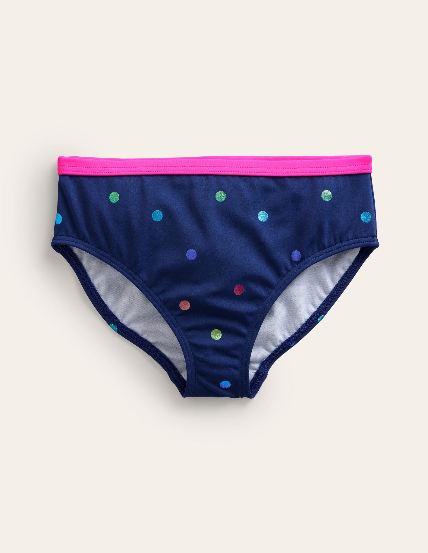 Patterned Bikini Bottoms-Navy Rainbow Confetti Spot