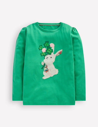 Puff Sleeve Applique T-shirt-Aloe Green Bunny