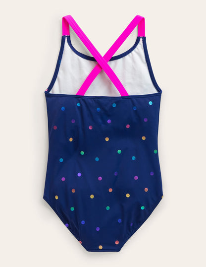 Cross-Back Printed Swimsuit-Navy, Rainbow Foil Confetti