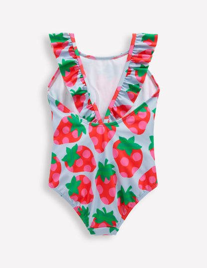 Hallie Frill Strap Swimsuit-Misty Blue Strawberry