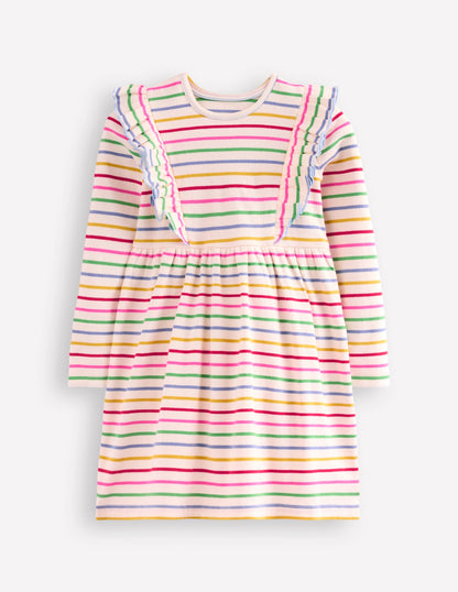 Doris Ruffle Rib Jersey Dress-Multi Rainbow Stripe