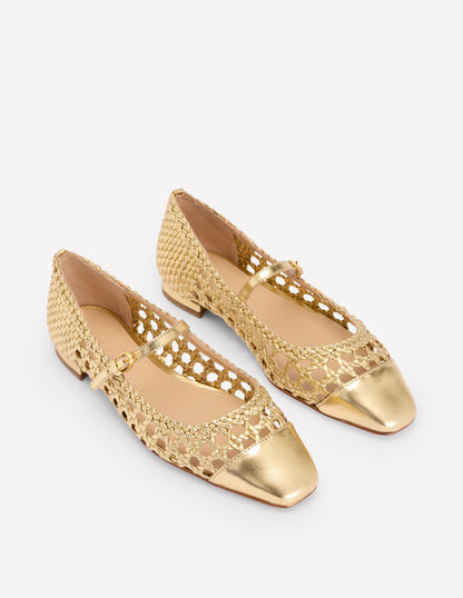 Penelope Mary Jane Flat-Gold Woven Leather