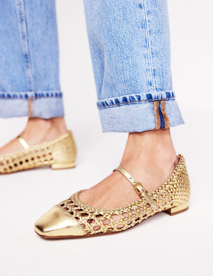 Penelope Mary Jane Flat-Gold Woven Leather