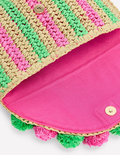 Fringe Raffia Clutch-Pink/Green