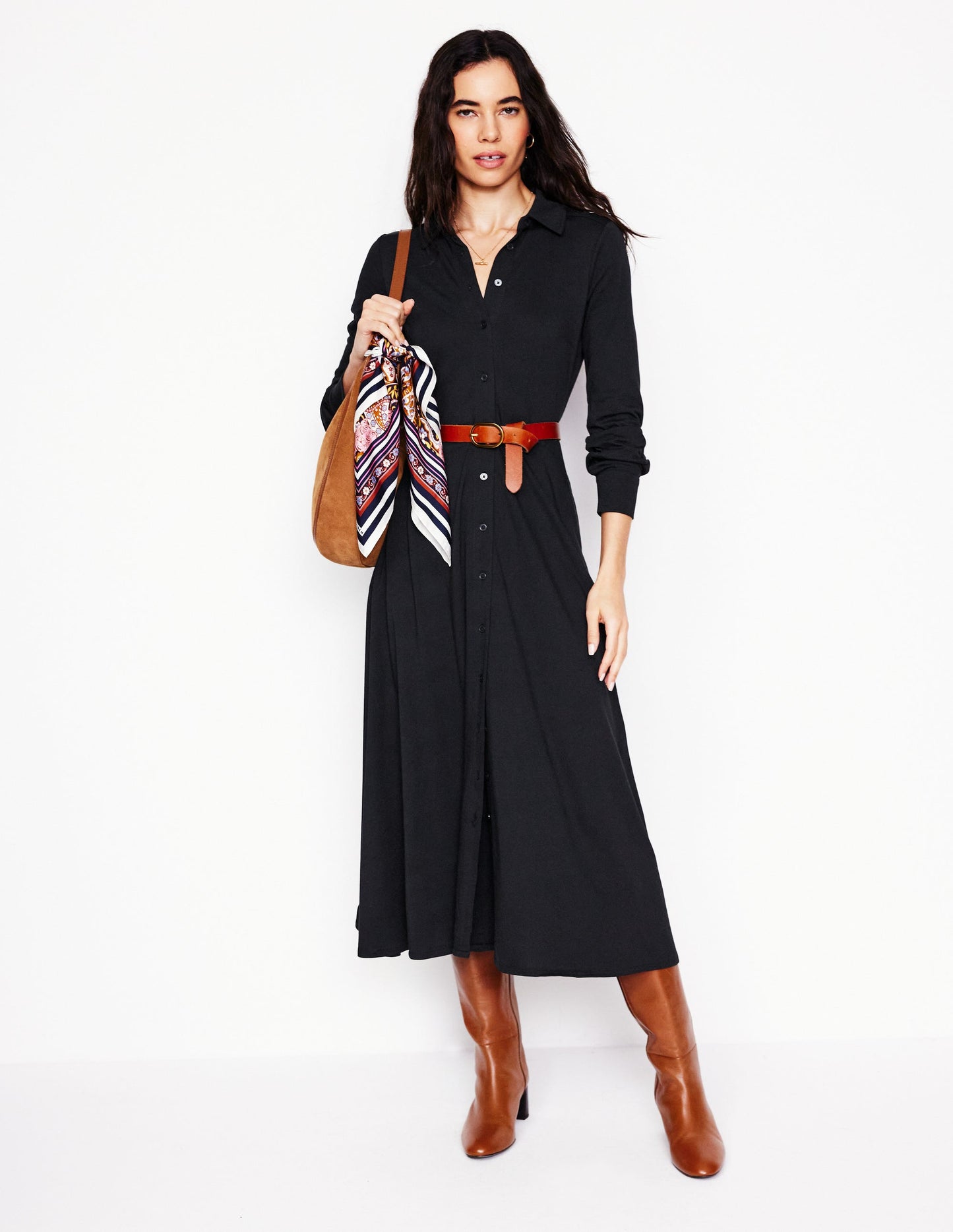 Marcia Jersey Midi Shirt Dress-Black