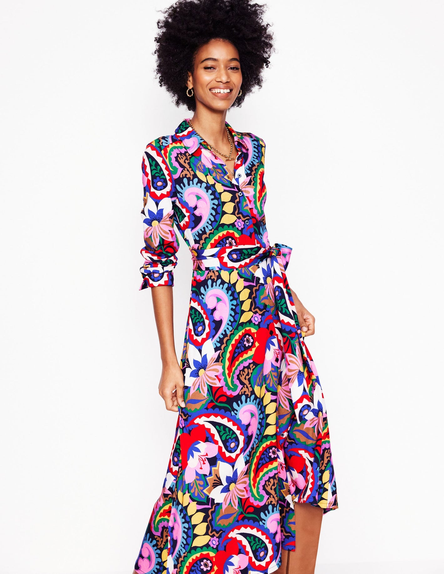 Marcia Jersey Midi Shirt Dress-Multi, Botanical Paisley