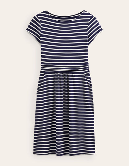 Amelie Jersey Dress-Navy, Ivory Stripe