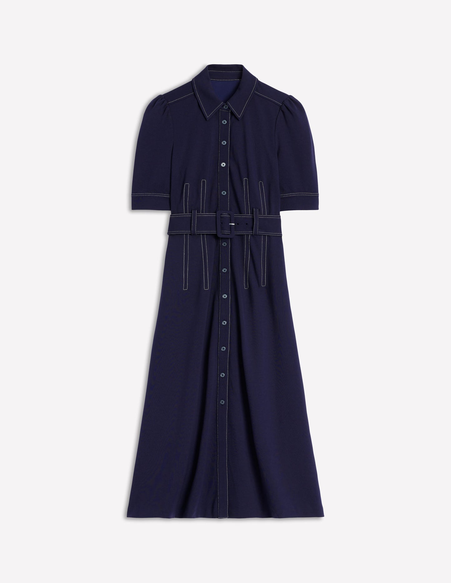 Belted Ponte Shirt Dress-Navy