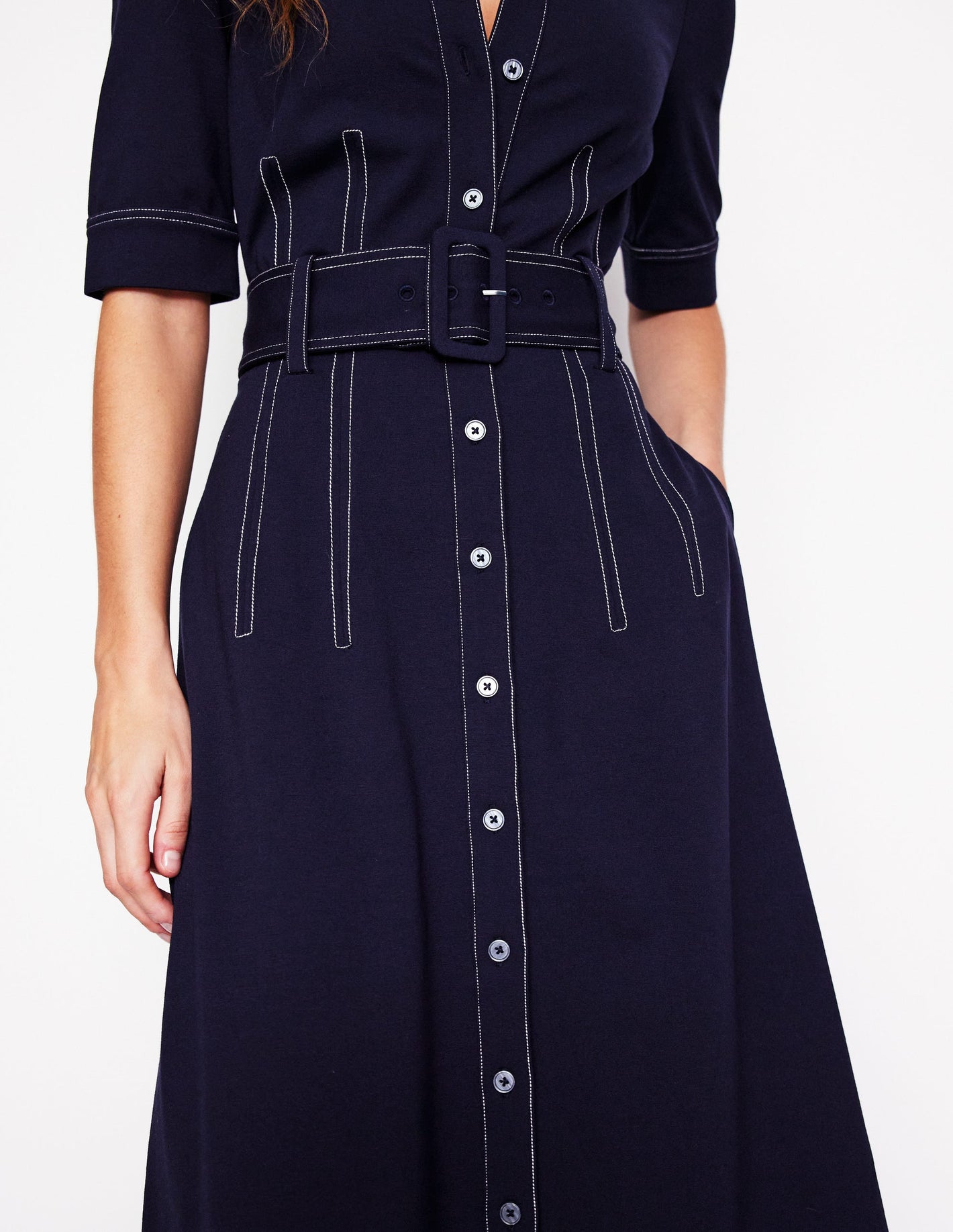 Belted Ponte Shirt Dress-Navy