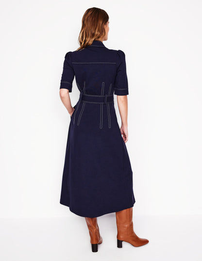 Belted Ponte Shirt Dress-Navy