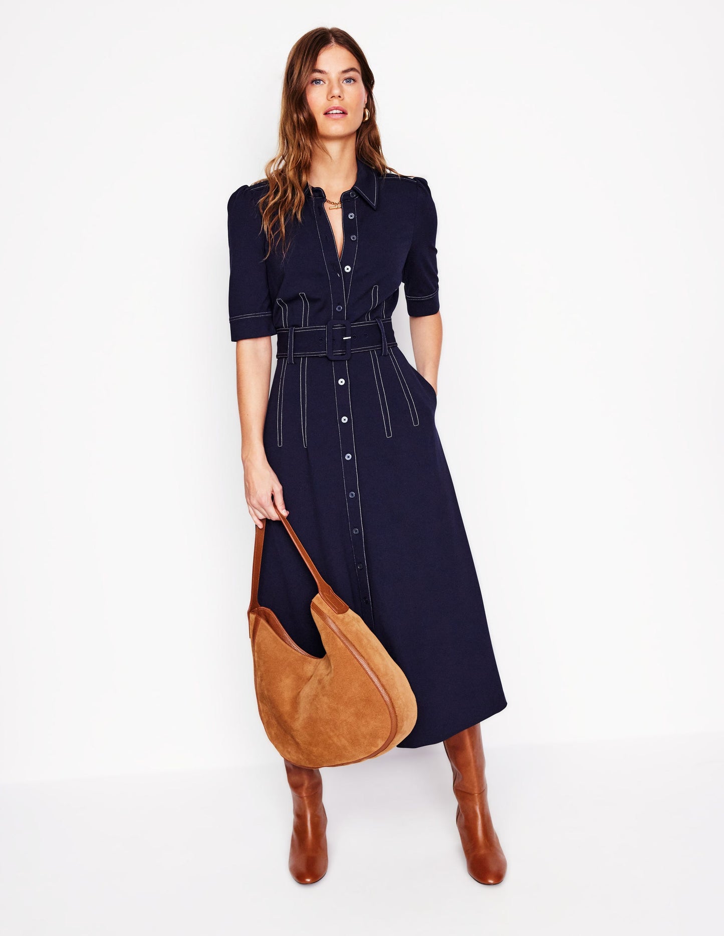 Belted Ponte Shirt Dress-Navy