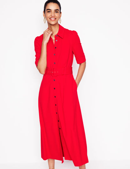 Belted Ponte Shirt Dress-Poppy Red