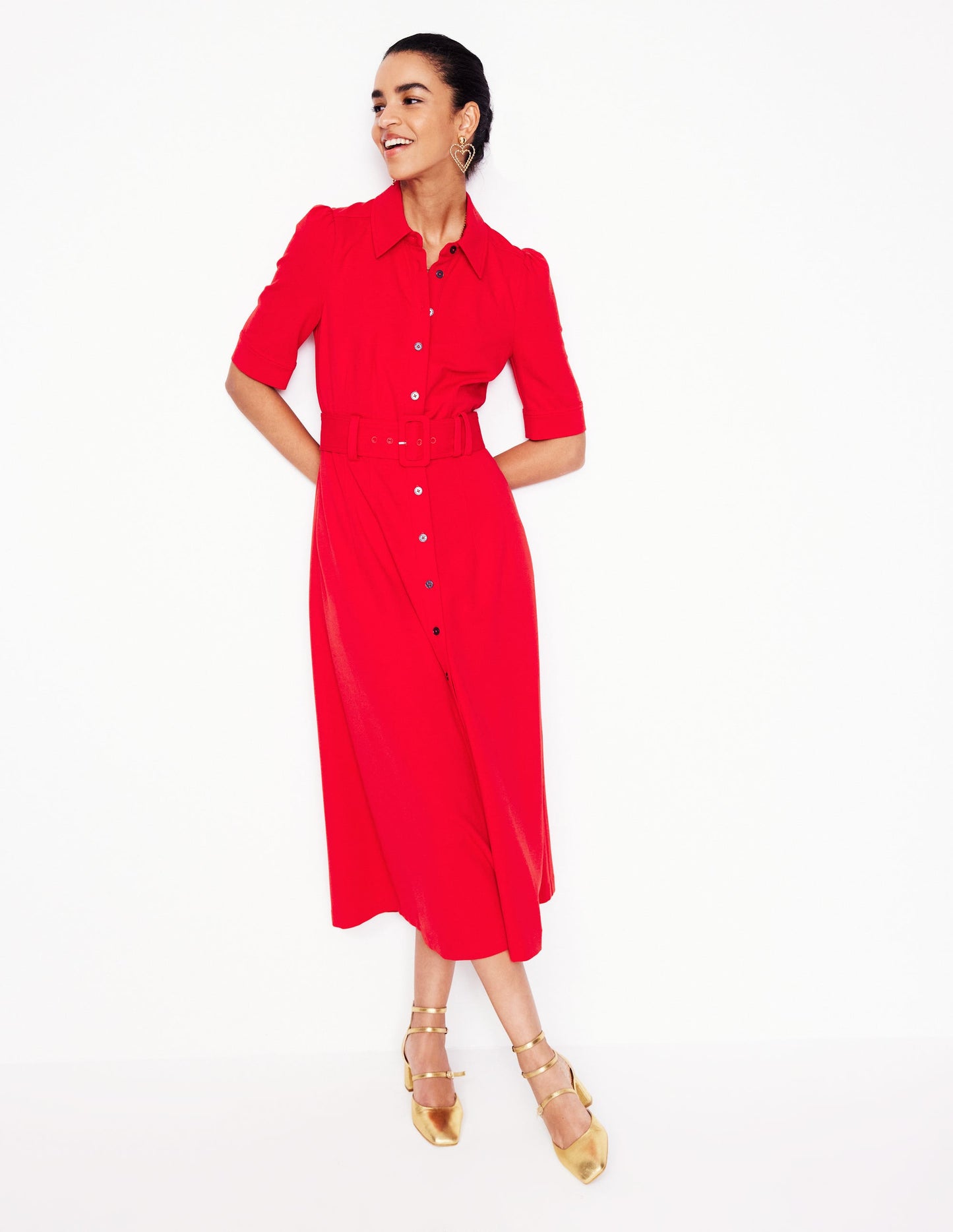 Belted Ponte Shirt Dress-Poppy Red