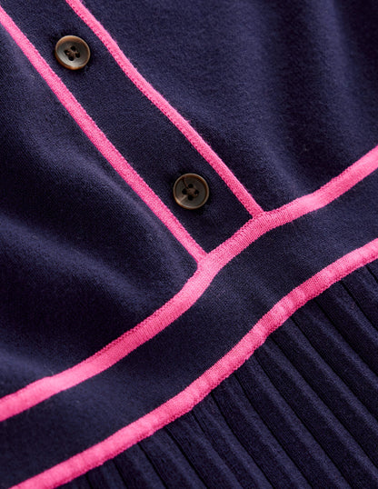 Collared Pleated Knitted Dress-Navy/Pink Colourblock