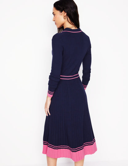 Collared Pleated Knitted Dress-Navy/Pink Colourblock