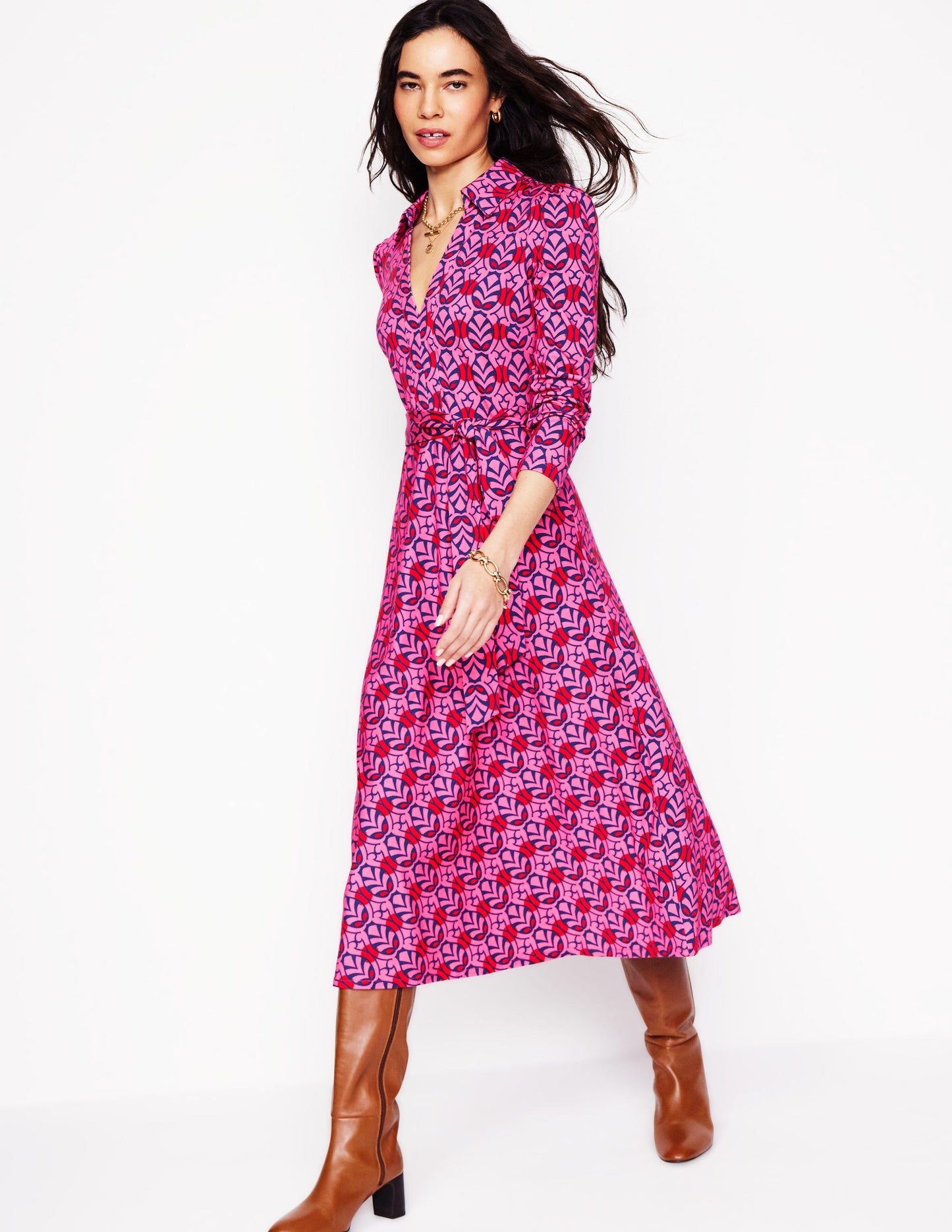 Imogen Collared Jersey Dress-Sorbet Pink, Leaf Terrace