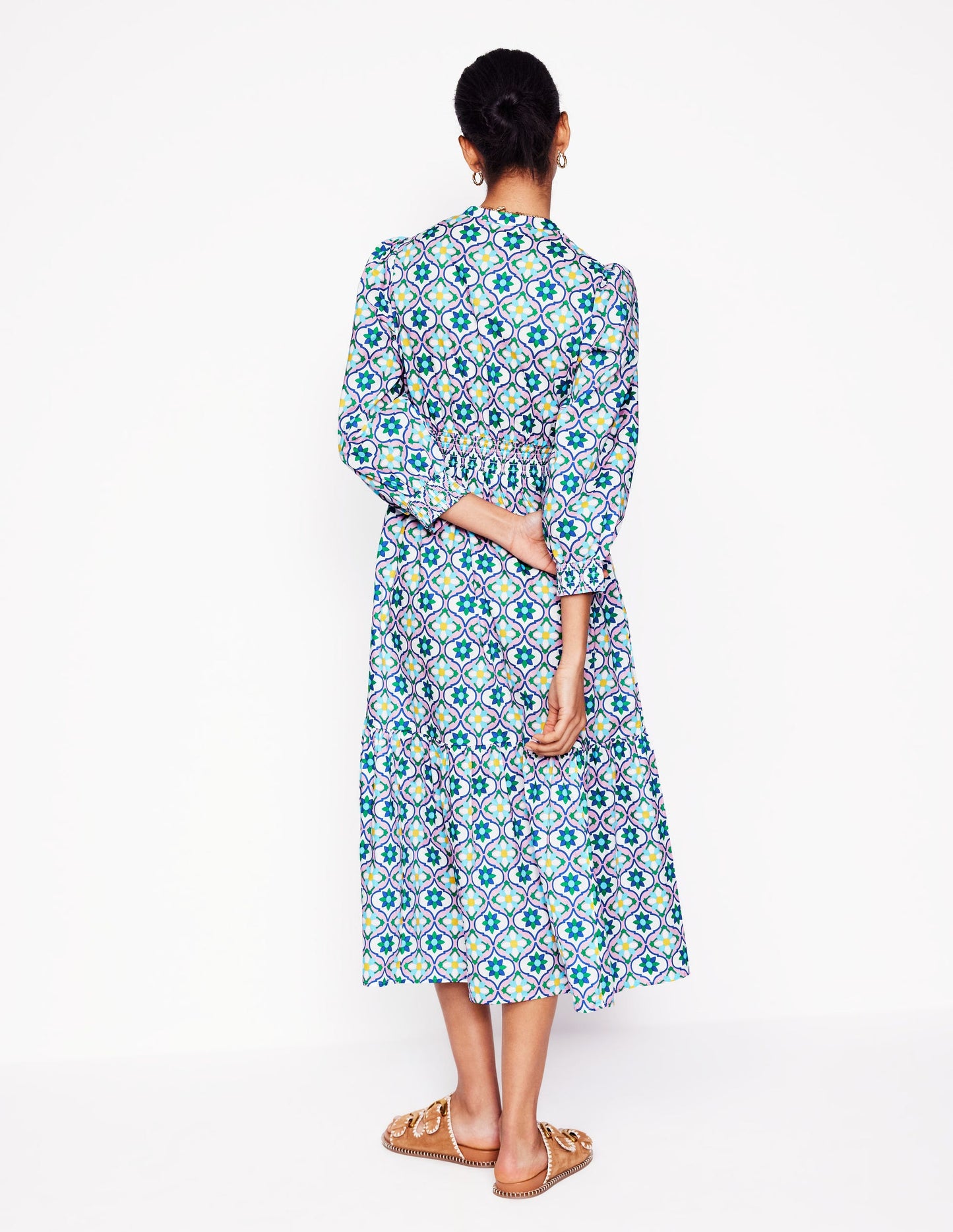 Elena Tiered Cotton Midi Dress-Multi, Floweret Tile