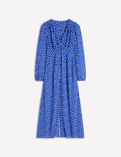 Smocked Button Tea Dress-Bright Blue, Abstract Dot