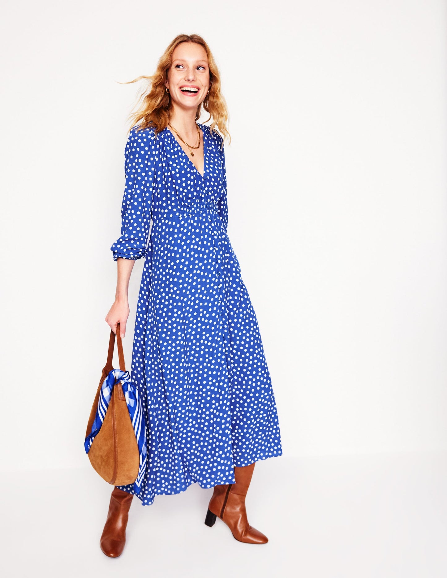 Smocked Button Tea Dress-Bright Blue, Abstract Dot