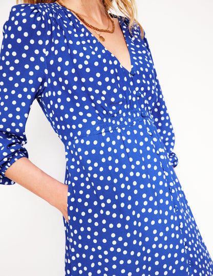 Smocked Button Tea Dress-Bright Blue, Abstract Dot