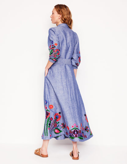 Clara Linen Blend Shirt Dress-Blue Chambray, Embroidered