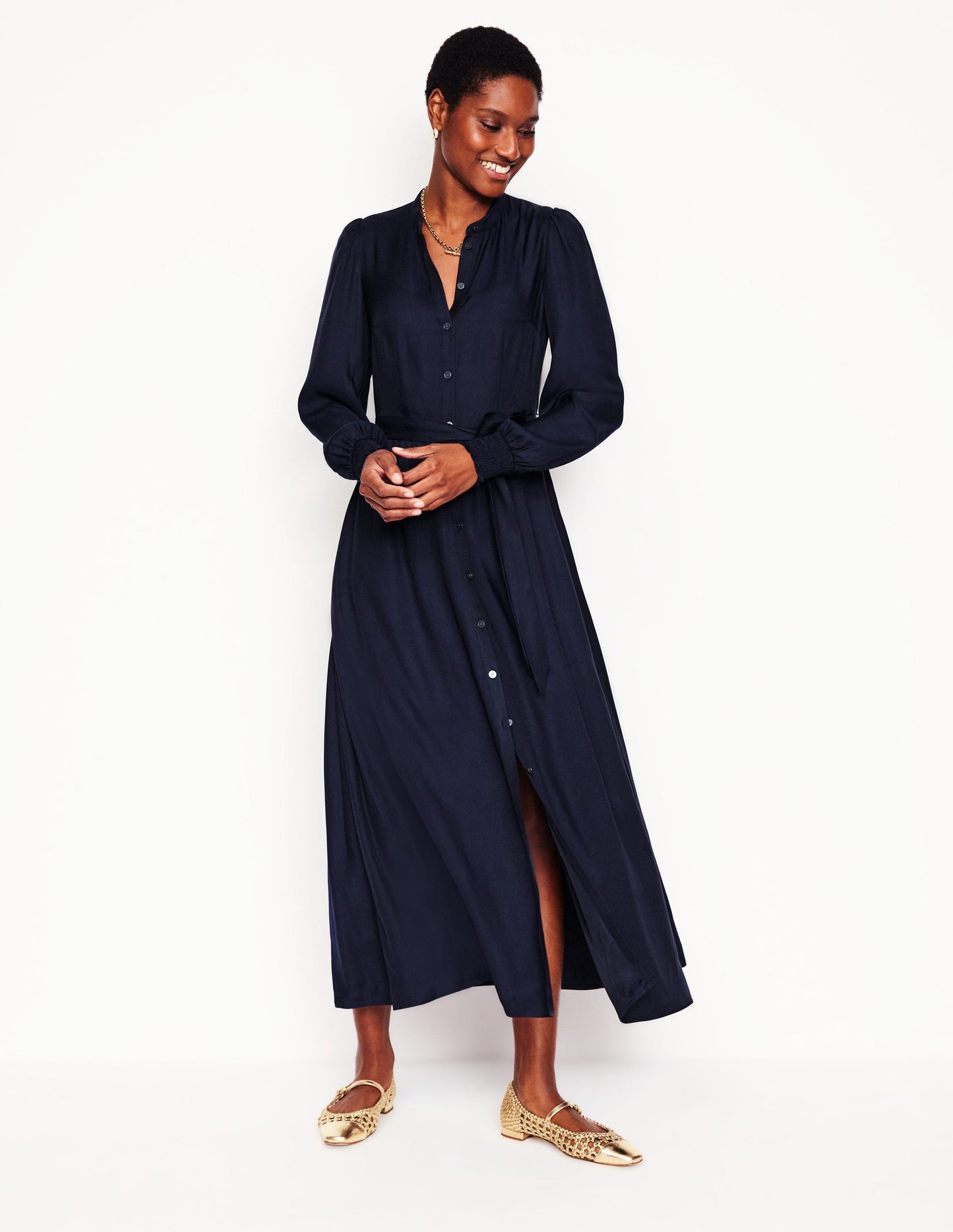 Ruby Collarless Shirt Dress-Navy