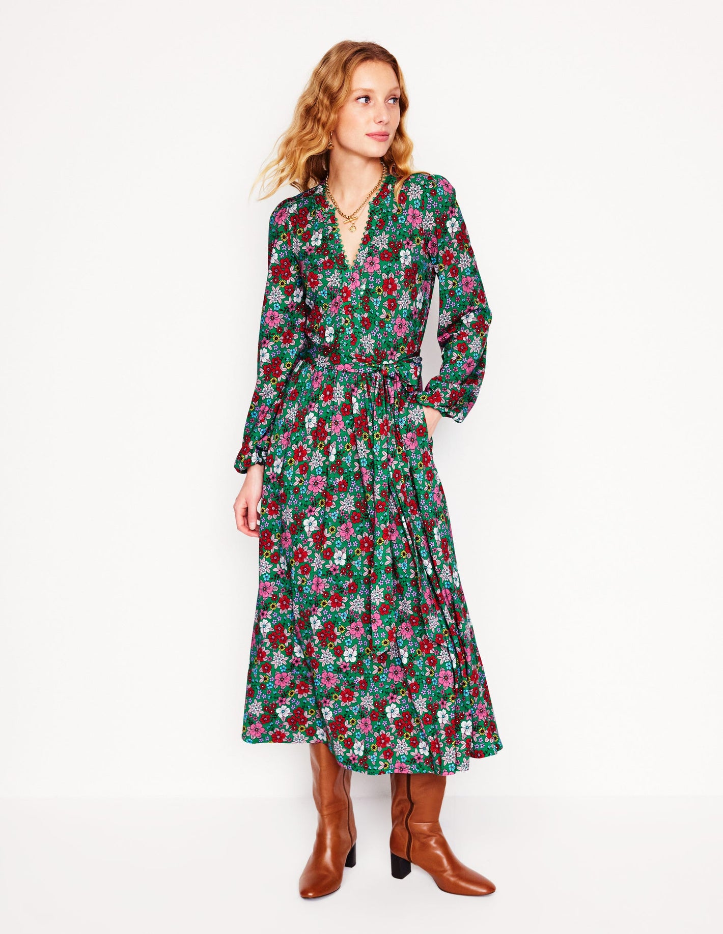 Maeve Trim Jersey Midi Dress-Rich Emerald, Blossom Scatter