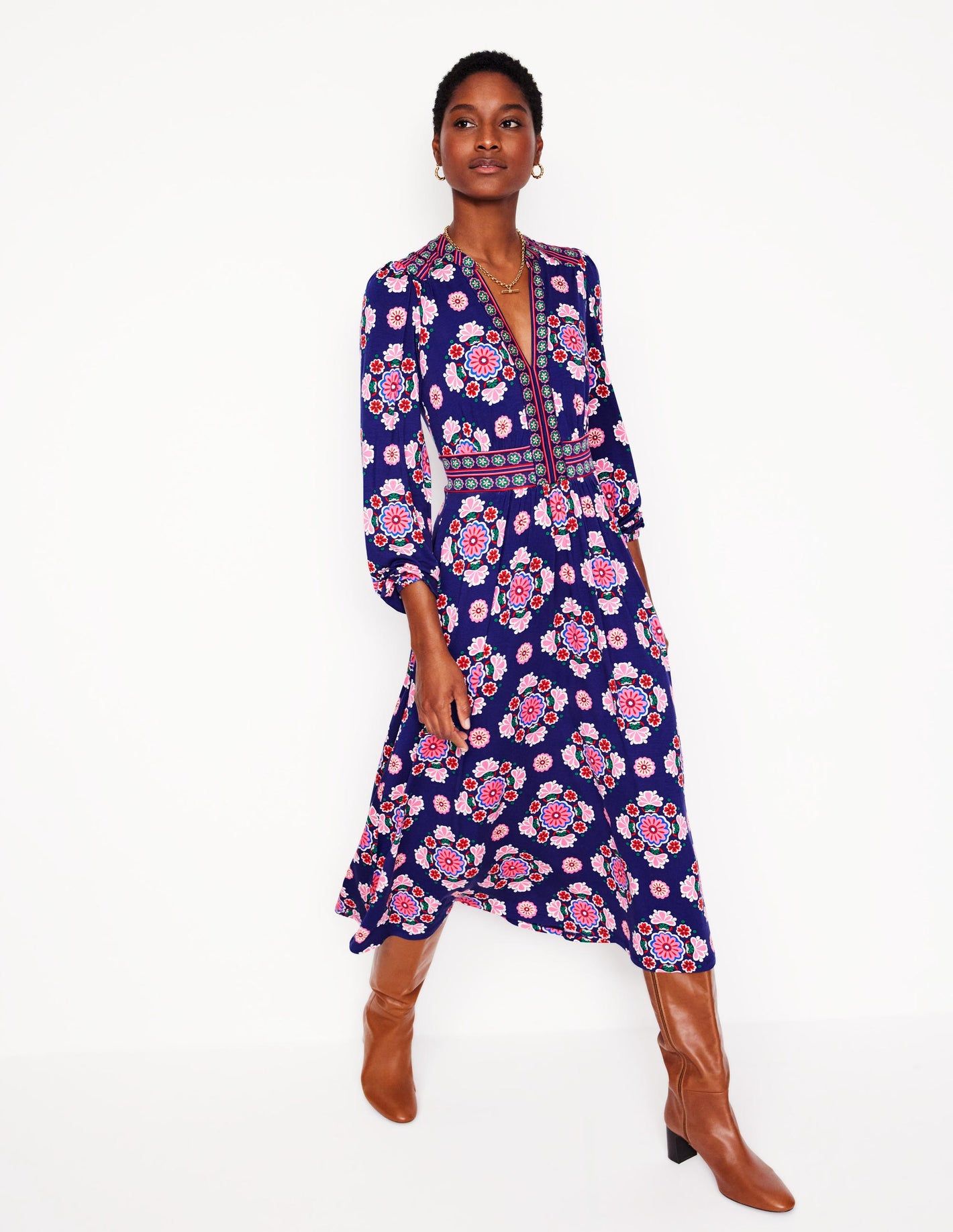 Lily Long Sleeve Midi Dress-Starboard Blue, Meadow Posy