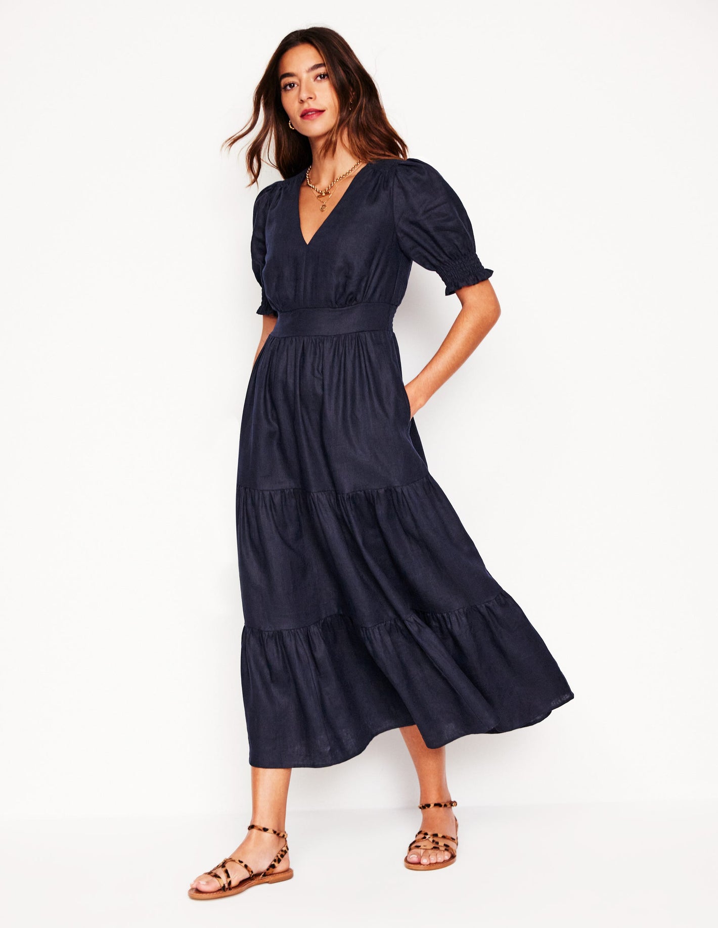 Anna Linen Tiered Midi Dress-Navy