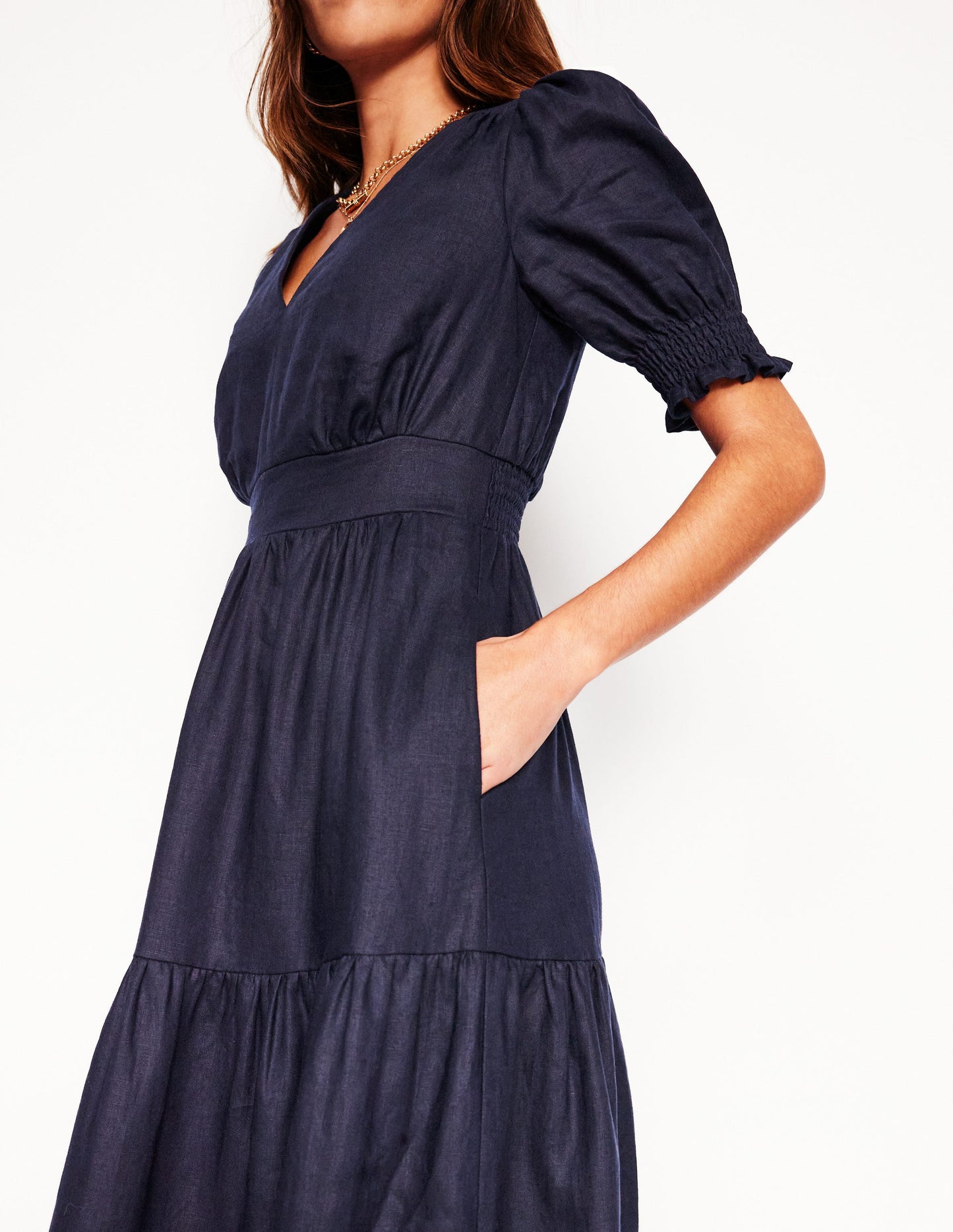 Anna Linen Tiered Midi Dress-Navy