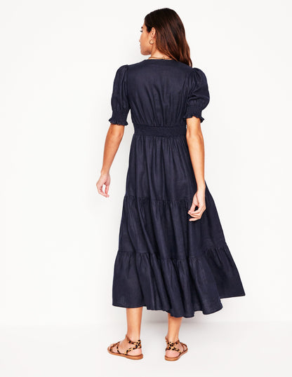 Anna Linen Tiered Midi Dress-Navy