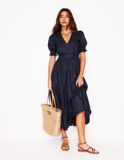 Anna Linen Tiered Midi Dress-Navy