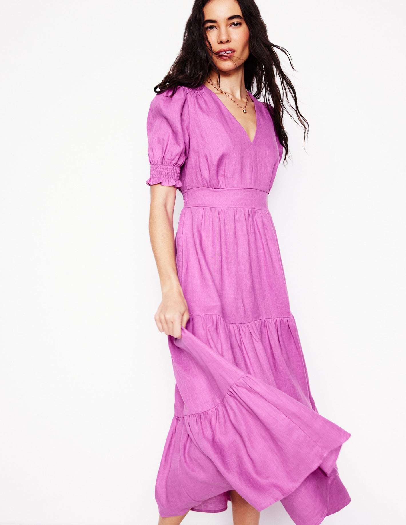 Anna Linen Tiered Midi Dress-Foxglove Purple