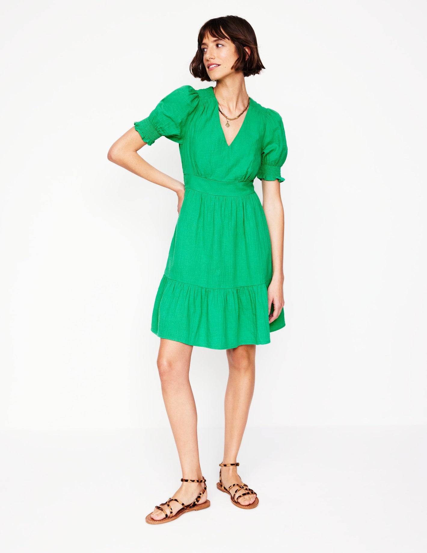 Anna Double Cloth Short Dress-Bright Green