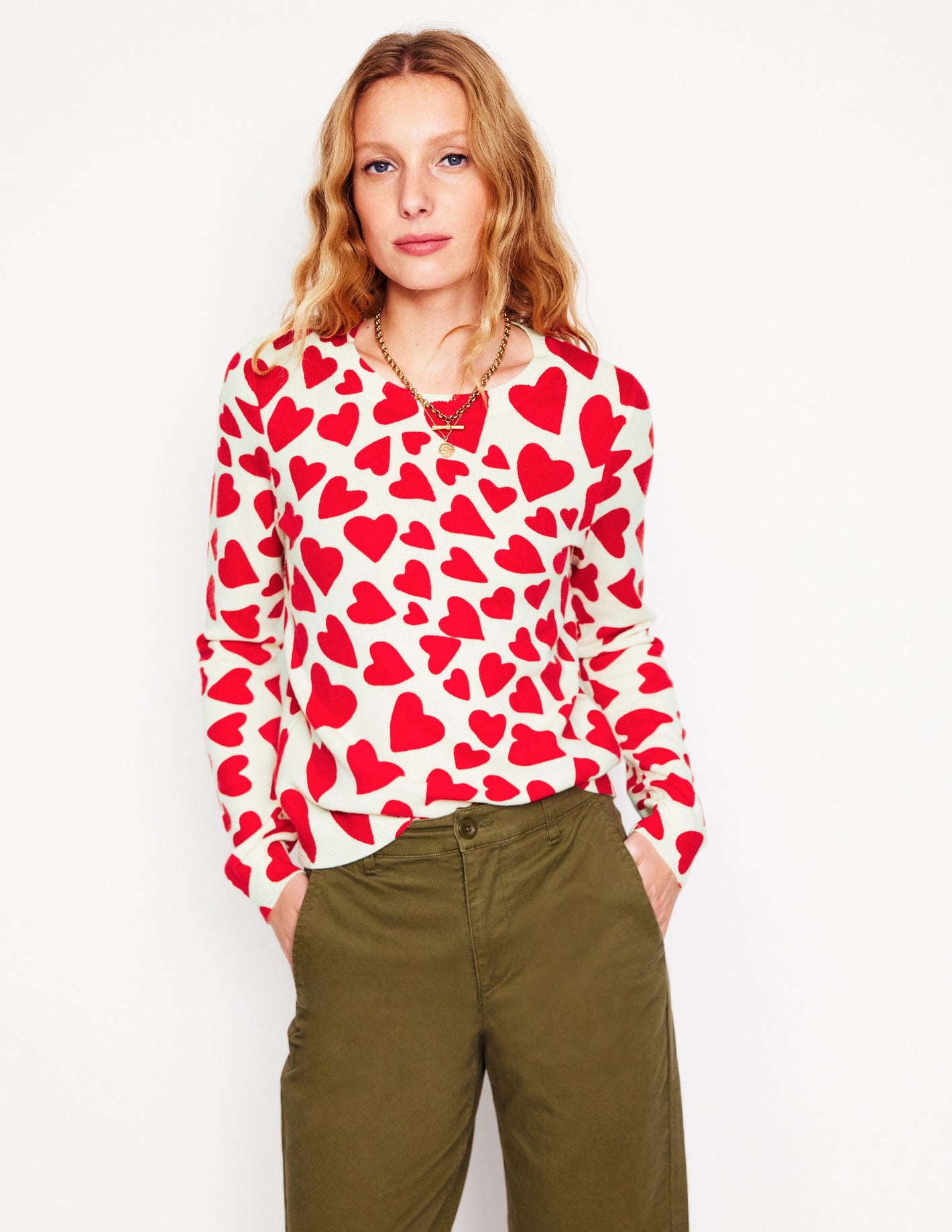 Eva Cashmere Crew Neck Sweater-Ivory, Heart Cluster