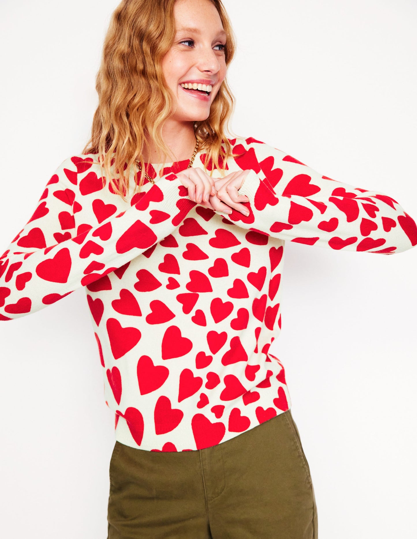 Eva Cashmere Crew Neck Jumper-Ivory, Heart Cluster