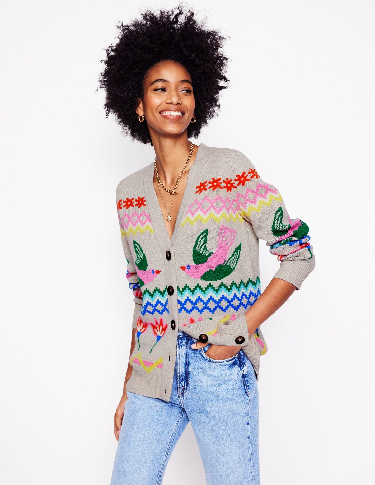 Fair Isle Boyfriend Cardigan-Oatmeal Melange, Birds