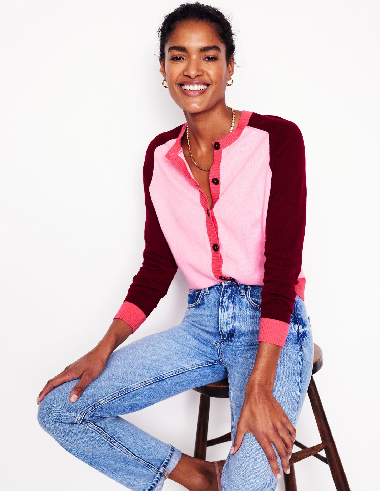 Meg Saddle Sleeve Cardigan-Soft Pink, Colourblock