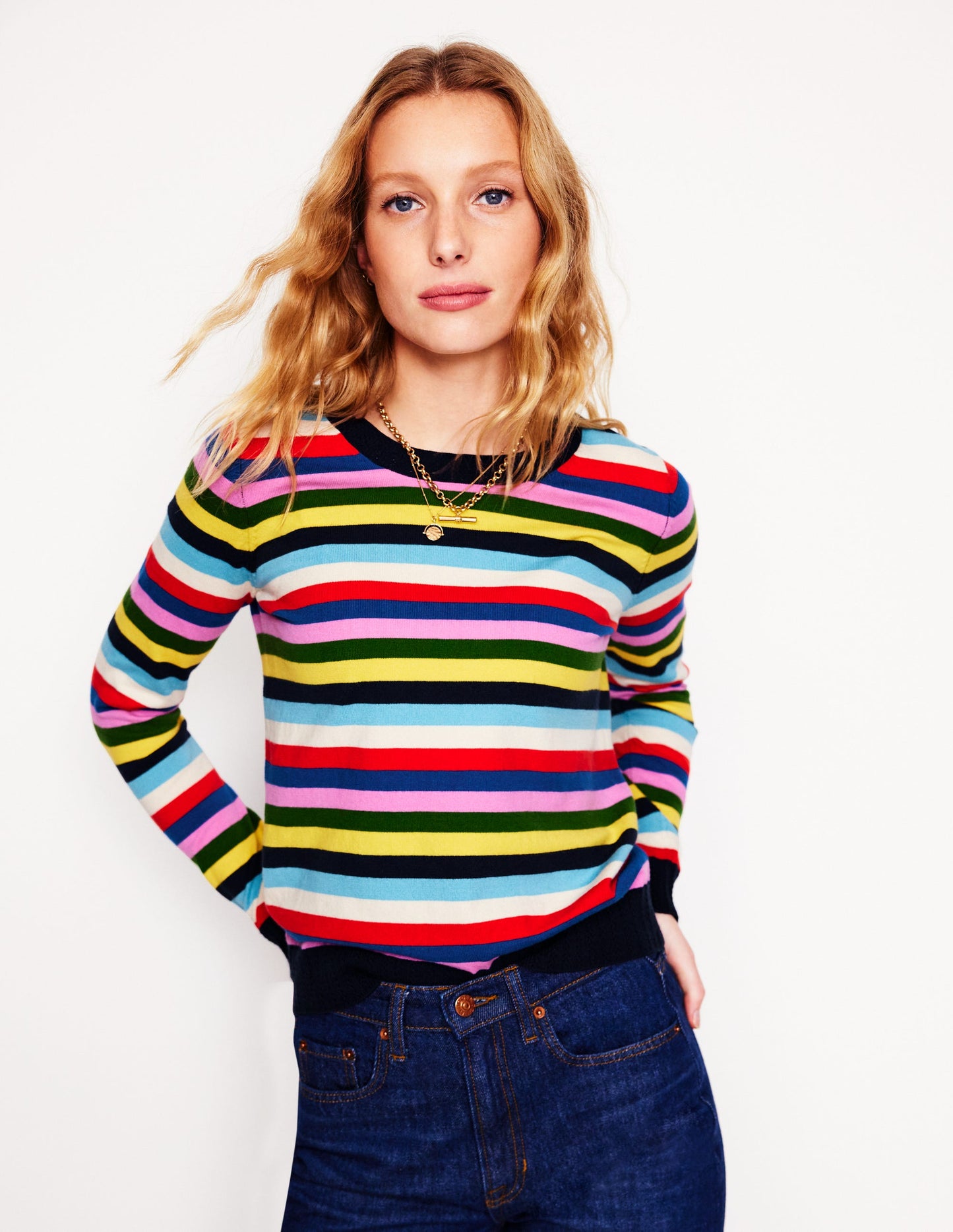 Emilia Cotton Crew Sweater-Poppy Red, Blue Multi