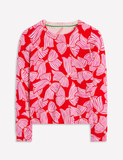 Emilia Cotton Crew Sweater-Poppy Red, Bow Scatter