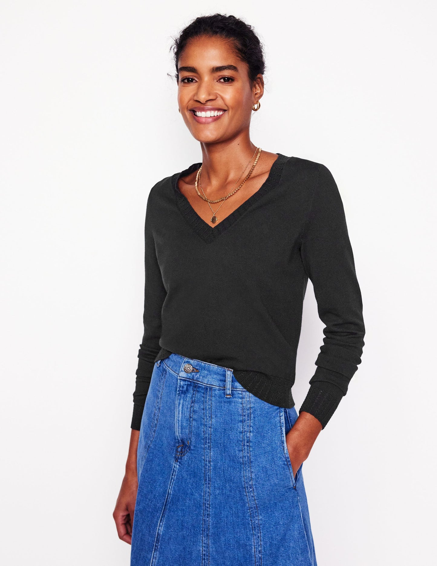 Emilia Cotton V Neck Sweater-Black