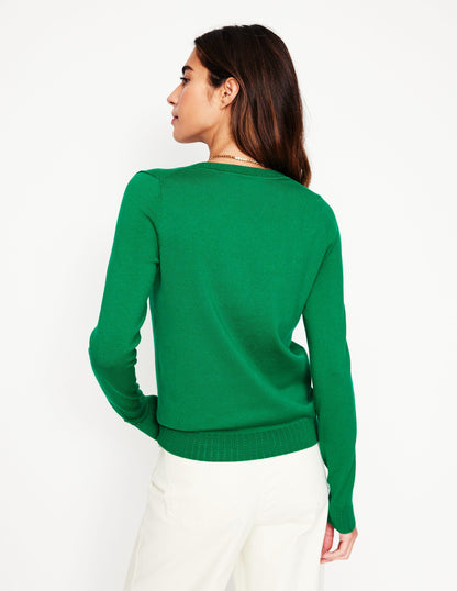 Emilia Cotton V Neck Sweater-Rich Emerald