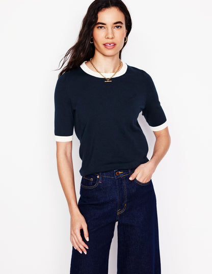 Emilia Cotton Crew T-shirt-Navy, Warm Ivory