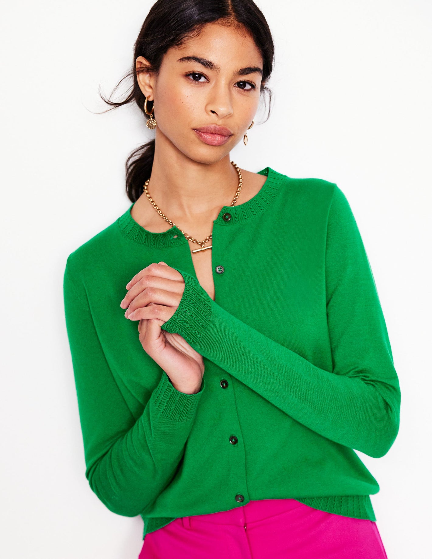 Emilia Cotton Crew Cardigan-Rich Emerald